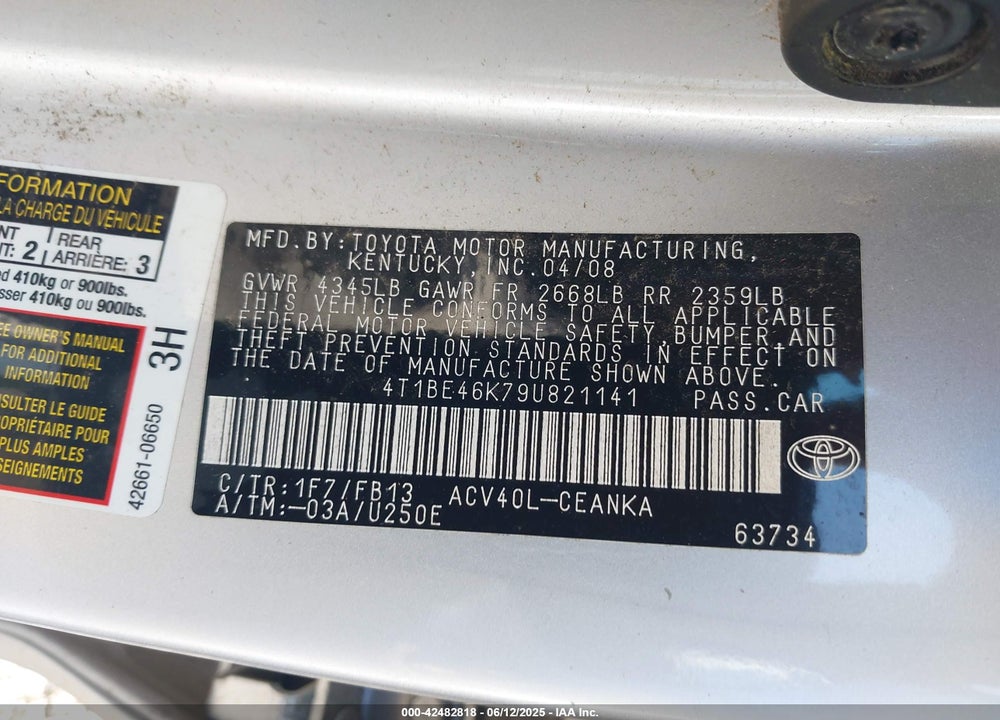 2009 TOYOTA CAMRY VIN: 4T1BE46K79U821141