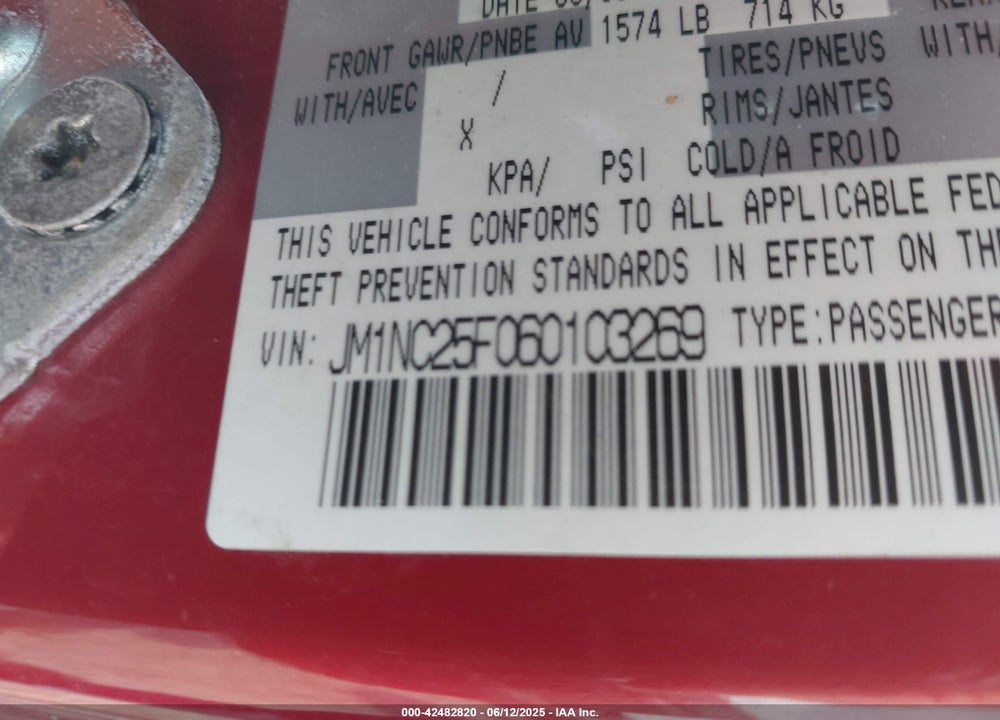 2006 MAZDA MX-5 3RD GENERATION LIMITED VIN: JM1NC25F060103269