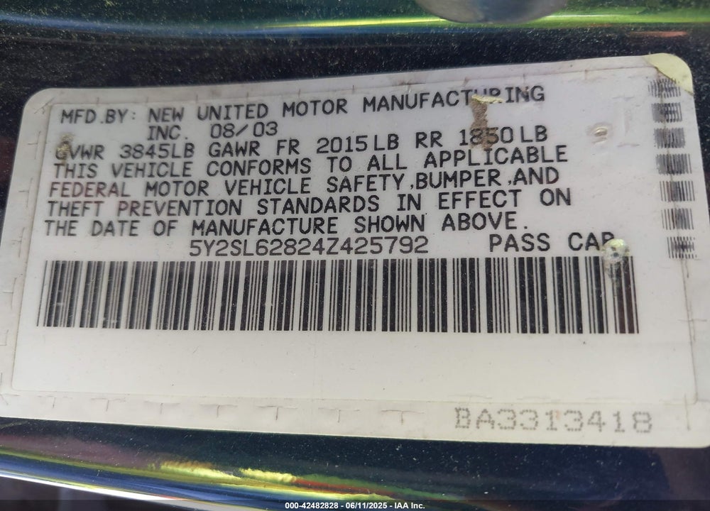 2004 PONTIAC VIBE VIN: 5Y2SL62824Z425792