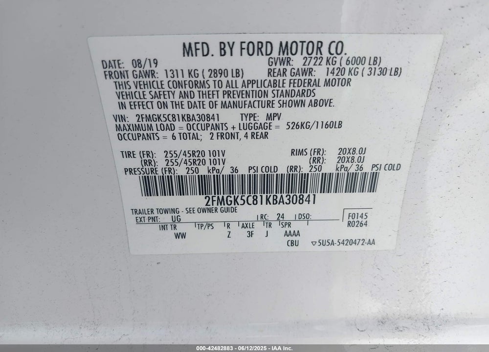 2019 FORD FLEX VIN: 2FMGK5C81KBA30841