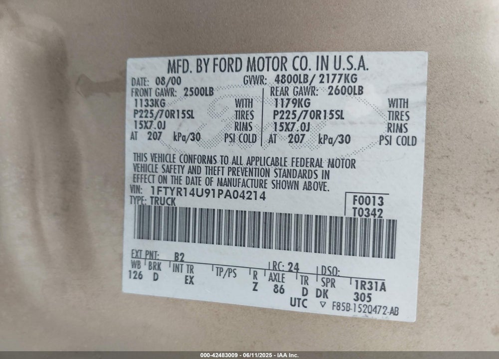 2001 FORD RANGER EDGE/XL/XLT VIN: 1FTYR14U91PA04214