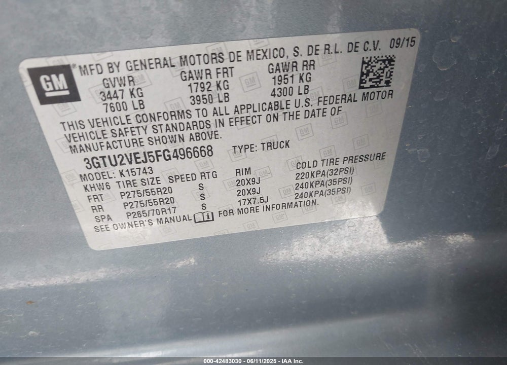 2015 GMC SIERRA 1500 VIN: 3GTU2VEJ5FG496668