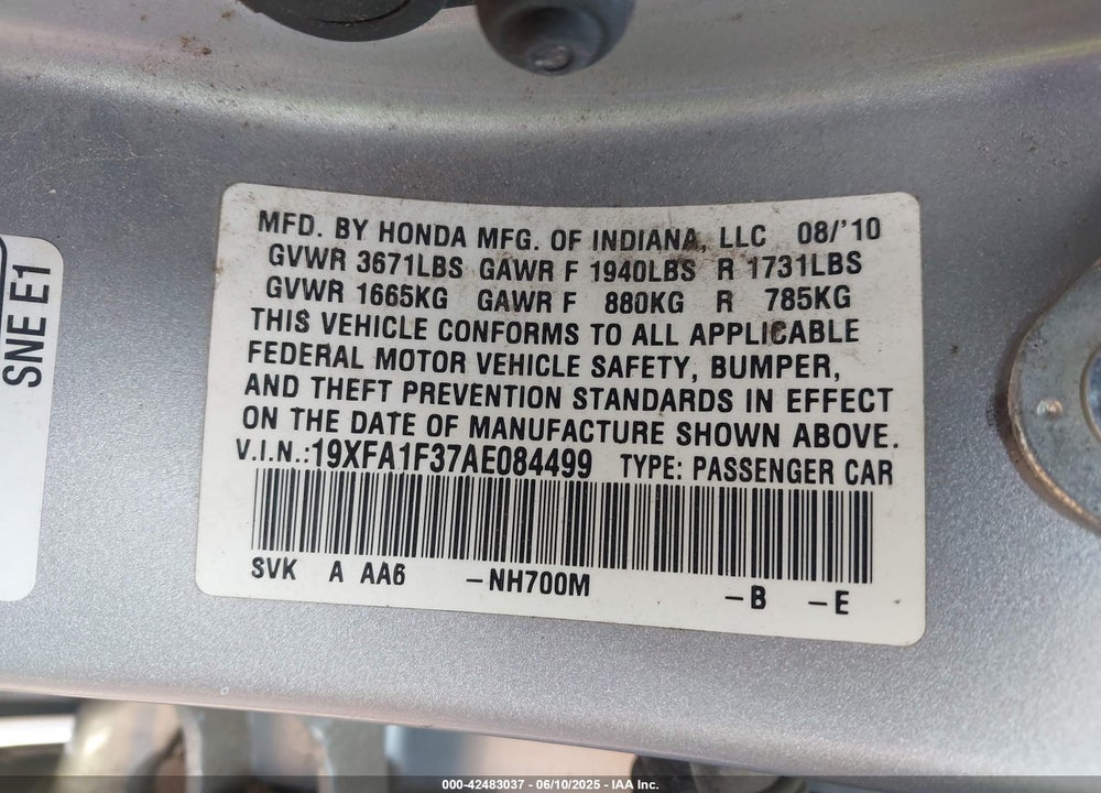 2010 HONDA CIVIC VIN: 19XFA1F37AE084499