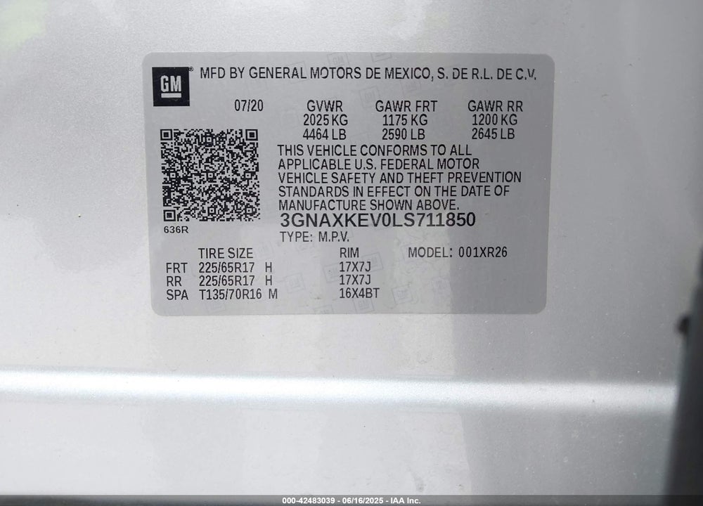 2020 CHEVROLET EQUINOX VIN: 3GNAXKEV0LS711850