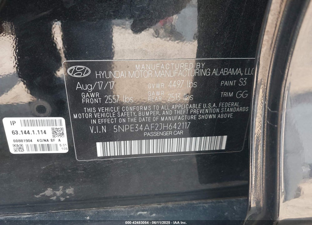 2018 HYUNDAI SONATA SEL VIN: 5NPE34AF2JH642117