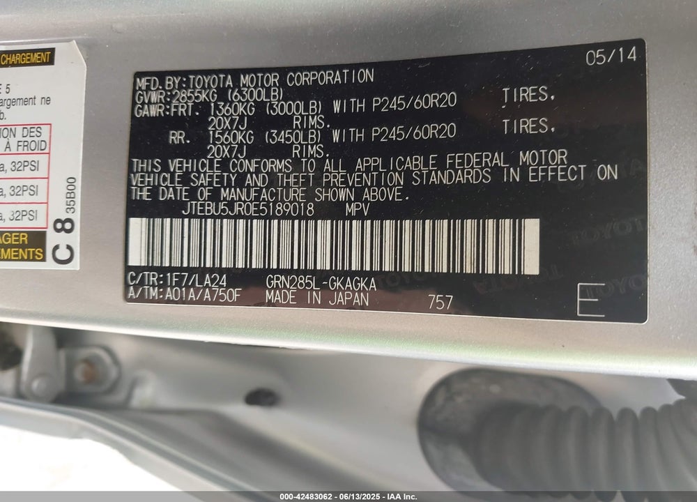 2014 TOYOTA 4RUNNER VIN: JTEBU5JR0E5189018