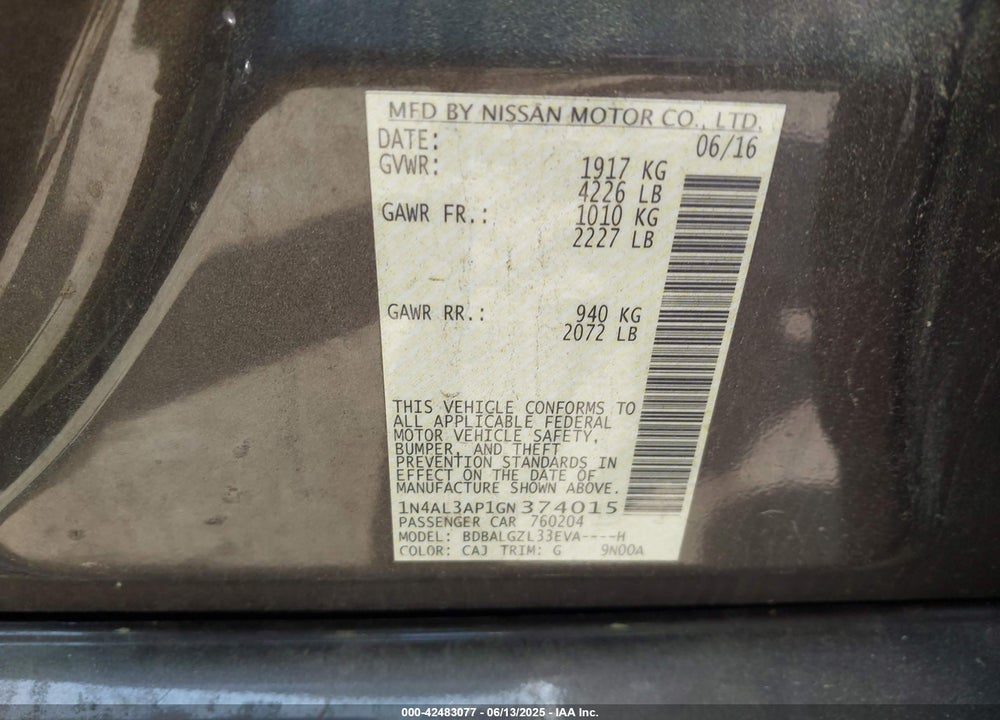 2016 NISSAN ALTIMA VIN: 1N4AL3AP1GN374015
