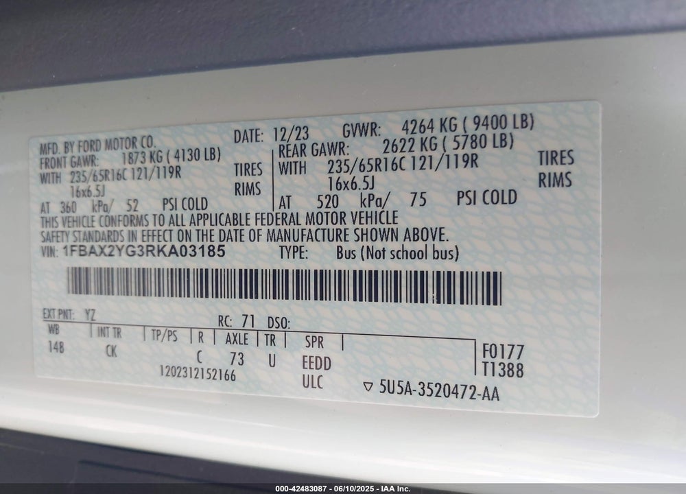2024 FORD TRANSIT-350 PASSENGER VAN XLT VIN: 1FBAX2YG3RKA03185