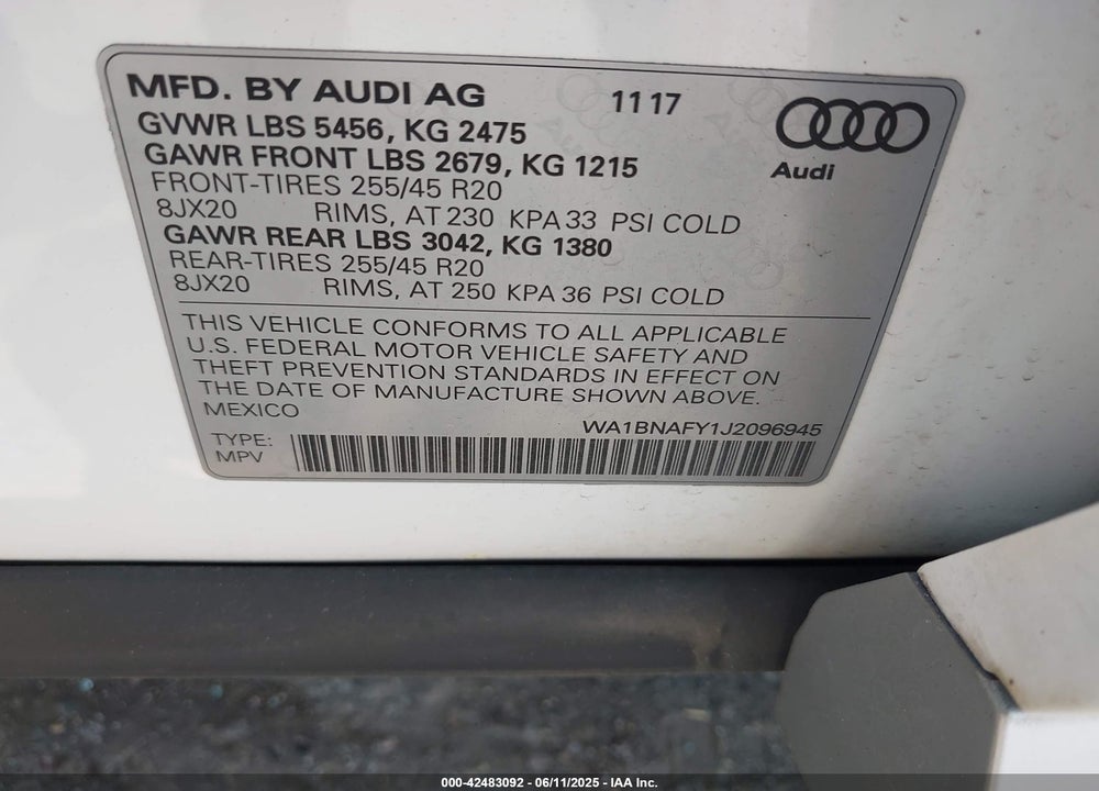 2018 AUDI Q5 VIN: WA1BNAFY1J2096945