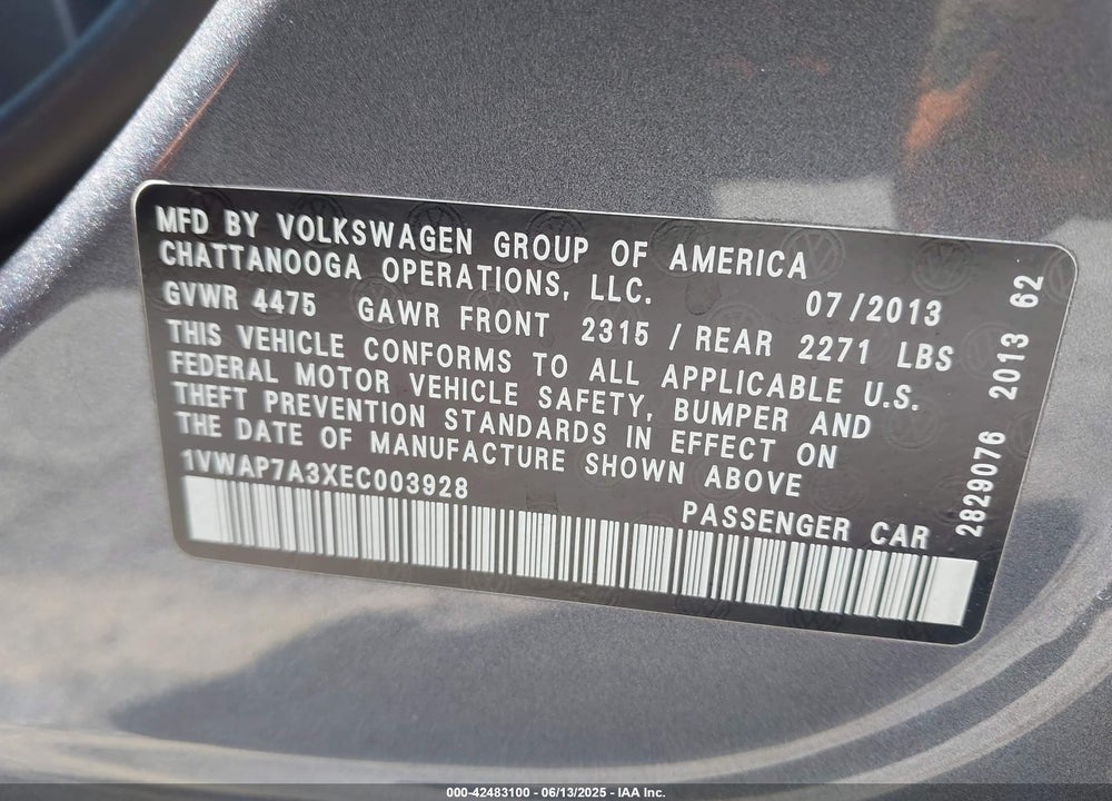 2014 VOLKSWAGEN PASSAT 2.5L S VIN: 1VWAP7A3XEC003928