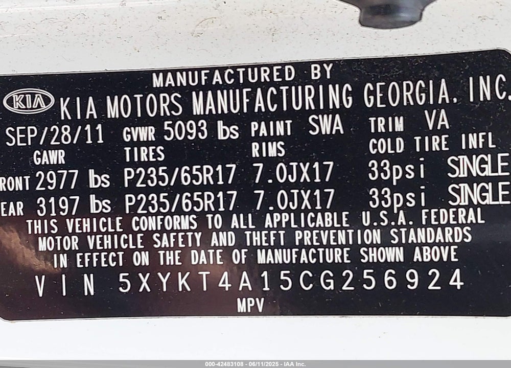 2012 KIA SORENTO VIN: 5XYKT4A15CG256924