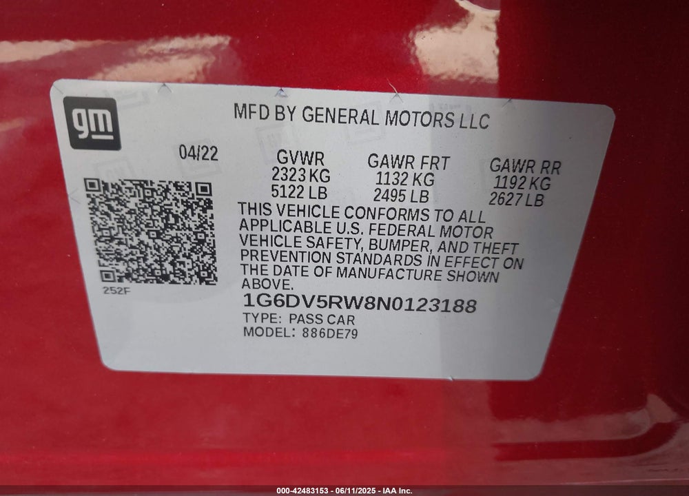 2022 CADILLAC CT5 VIN: 1G6DV5RW8N0123188