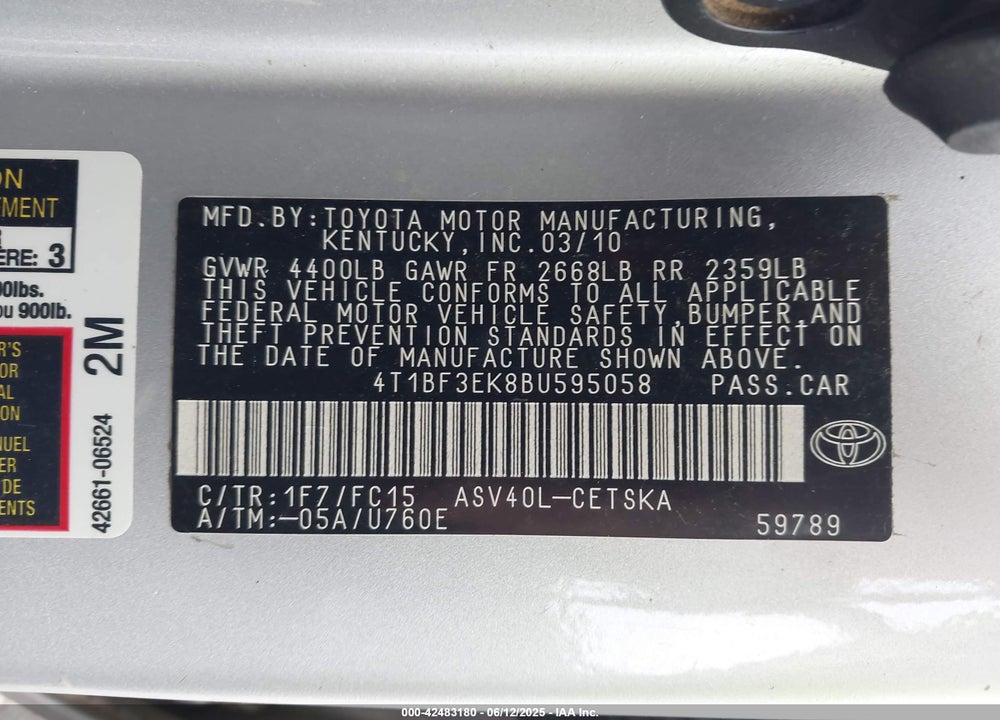2011 TOYOTA CAMRY SE VIN: 4T1BF3EK8BU595058