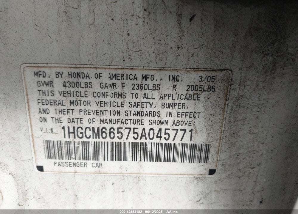 2005 HONDA ACCORD 3.0 EX VIN: 1HGCM66575A045771