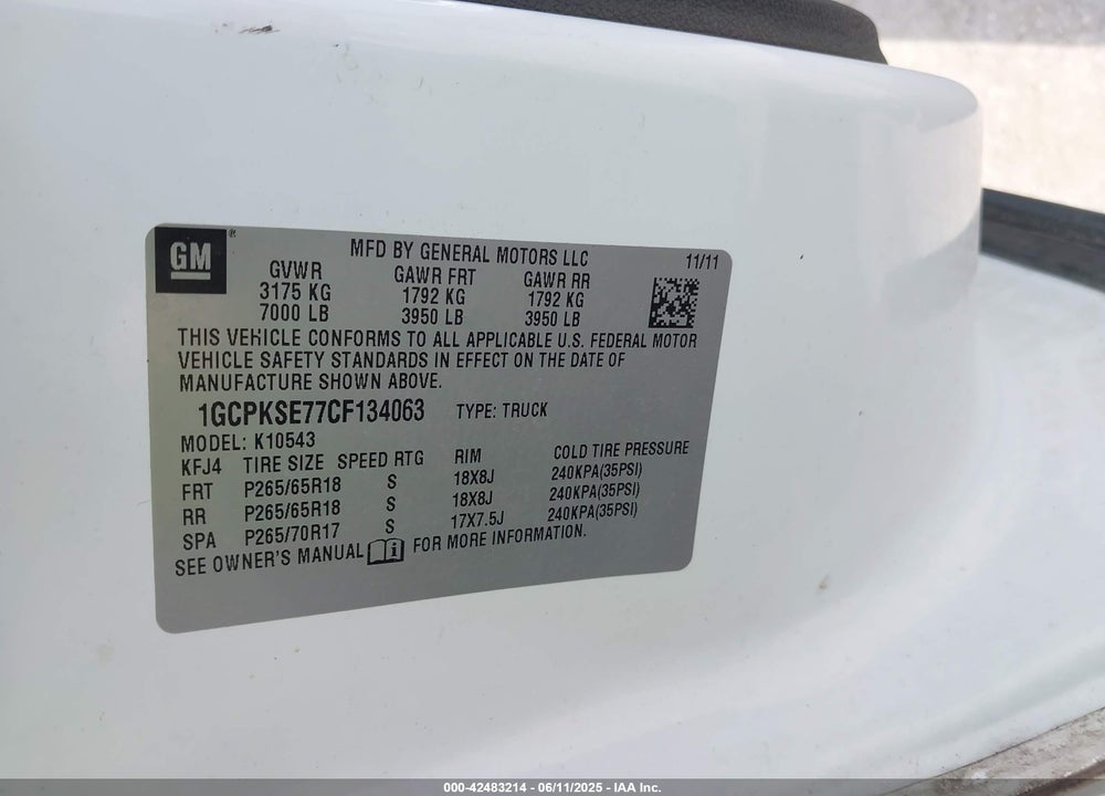 2012 CHEVROLET SILVERADO 1500 VIN: 1GCPKSE77CF134063