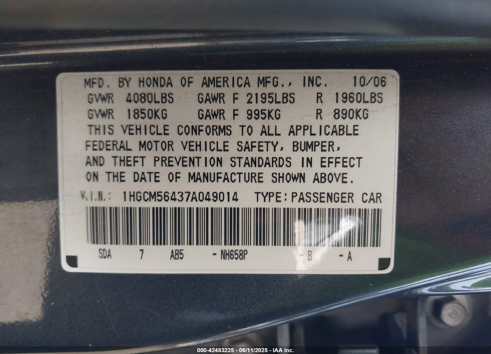 2007 HONDA ACCORD 2.4 LX VIN: 1HGCM56437A049014