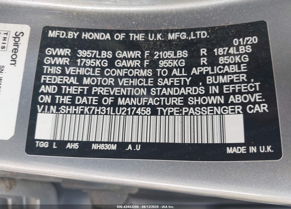 2020 HONDA CIVIC VIN: SHHFK7H31LU217458