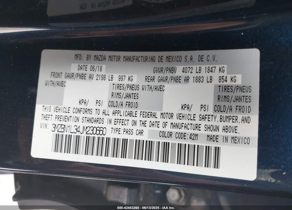 2018 MAZDA MAZDA3 VIN: 3MZBN1L34JM230660