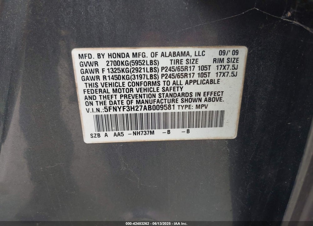 2010 HONDA PILOT VIN: 5FNYF3H27AB009581