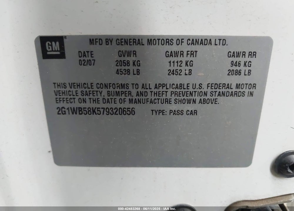 2007 CHEVROLET IMPALA VIN: 2G1WB58K579320656