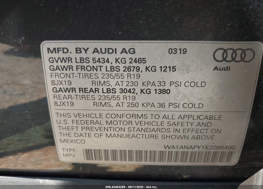 2019 AUDI Q5 VIN: WA1ANAFY1K2086400