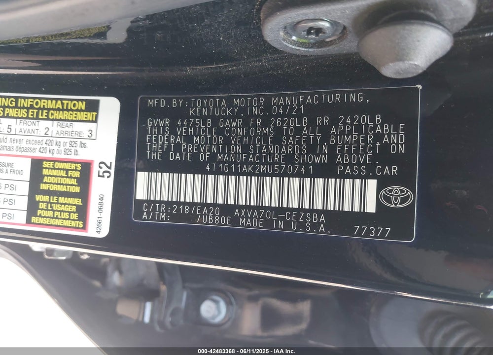 2021 TOYOTA CAMRY VIN: 4T1G11AK2MU570741