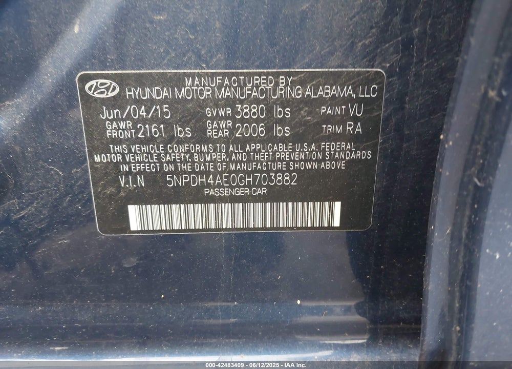 2016 HYUNDAI ELANTRA SE VIN: 5NPDH4AE0GH703882