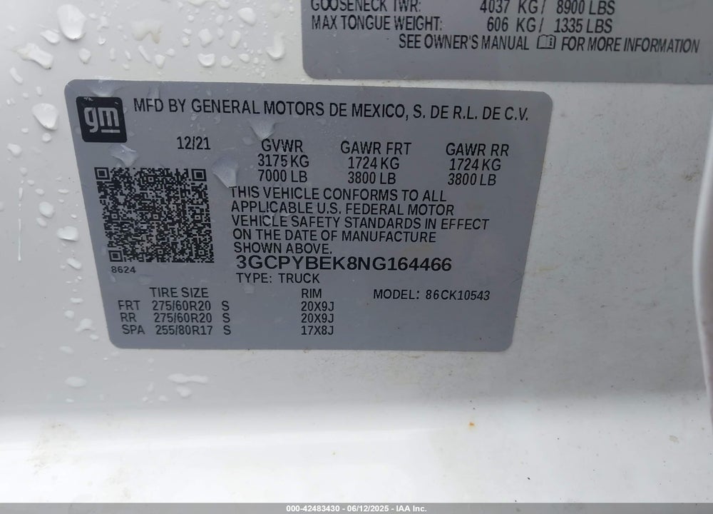 2022 CHEVROLET SILVERADO 1500 VIN: 3GCPYBEK8NG164466