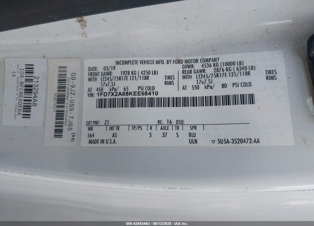 2019 FORD F-250 XL VIN: 1FD7X2A68KEE68410