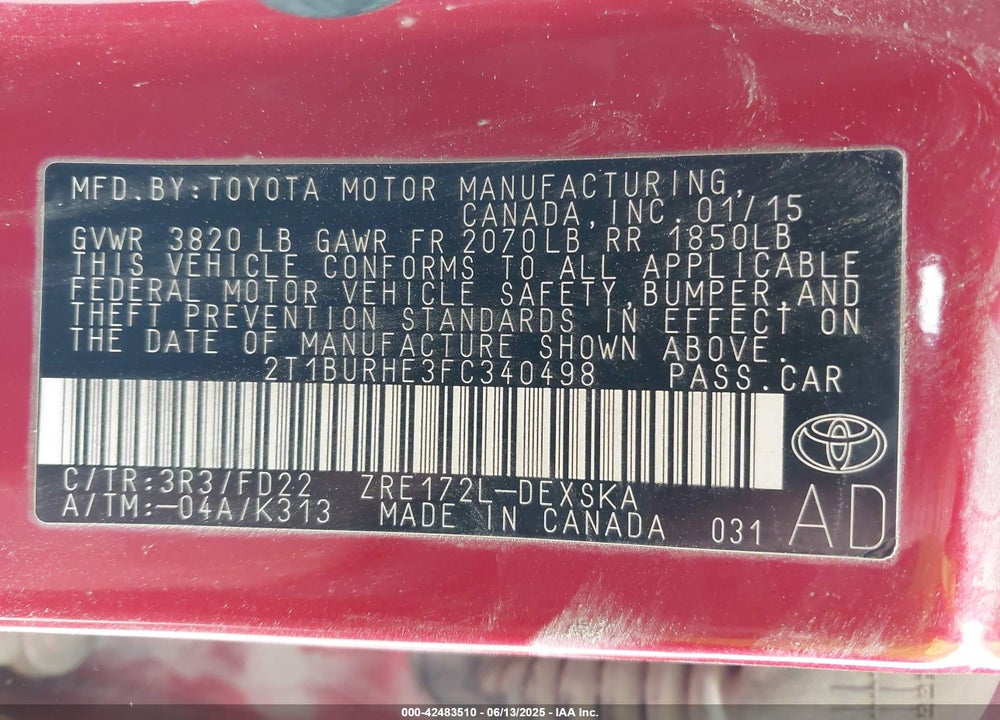 2015 TOYOTA COROLLA S PLUS VIN: 2T1BURHE3FC340498