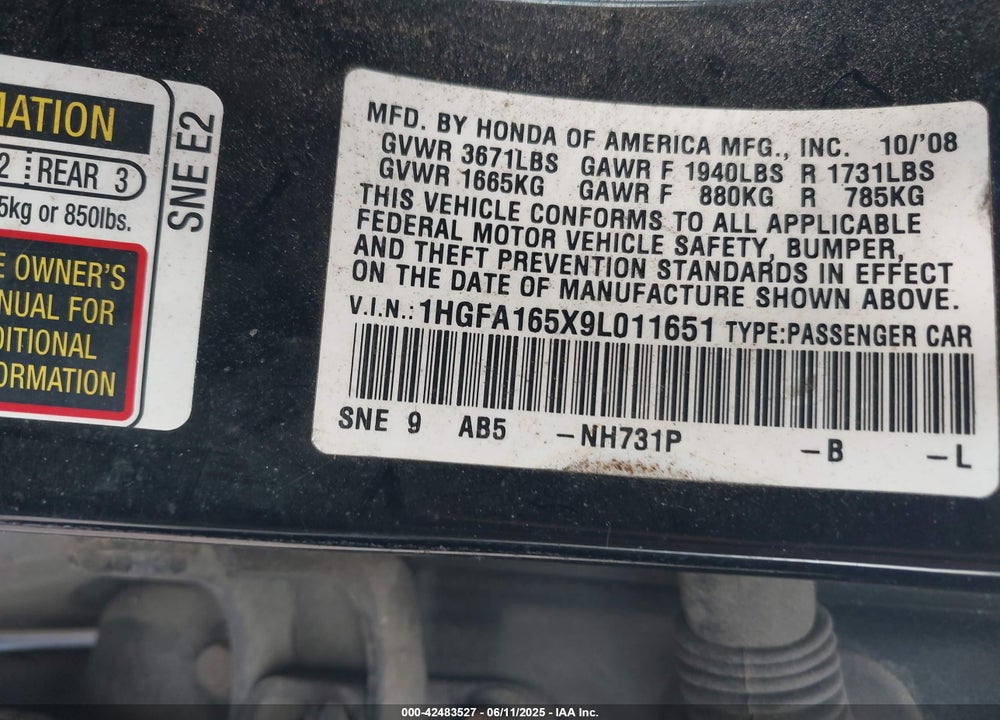 2009 HONDA CIVIC VIN: 1HGFA165X9L011651