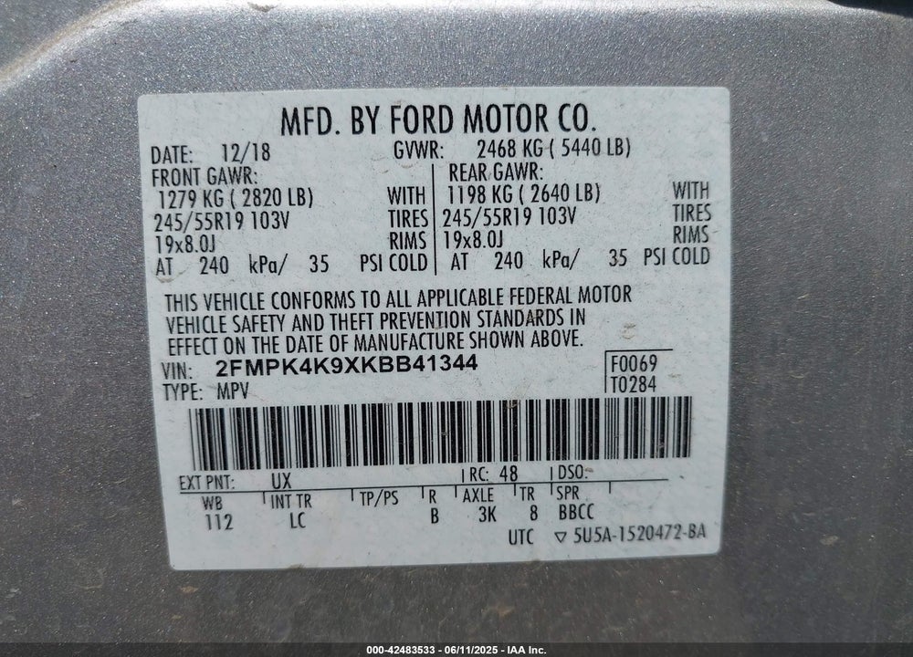 2019 FORD EDGE VIN: 2FMPK4K9XKBB41344