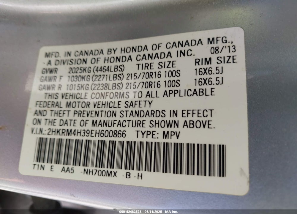 2014 HONDA CR-V VIN: 2HKRM4H39EH600866