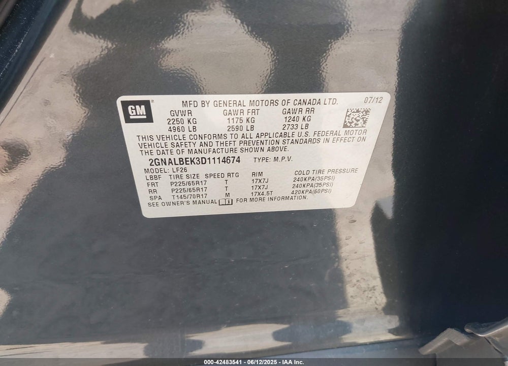 2013 CHEVROLET EQUINOX VIN: 2GNALBEK3D1114674