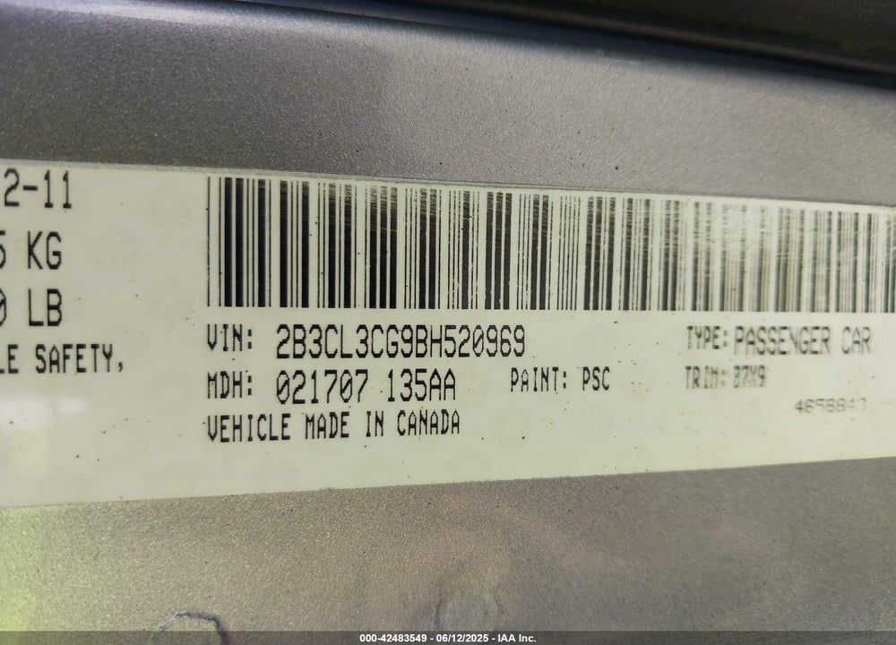 2011 DODGE CHARGER VIN: 2B3CL3CG9BH520969
