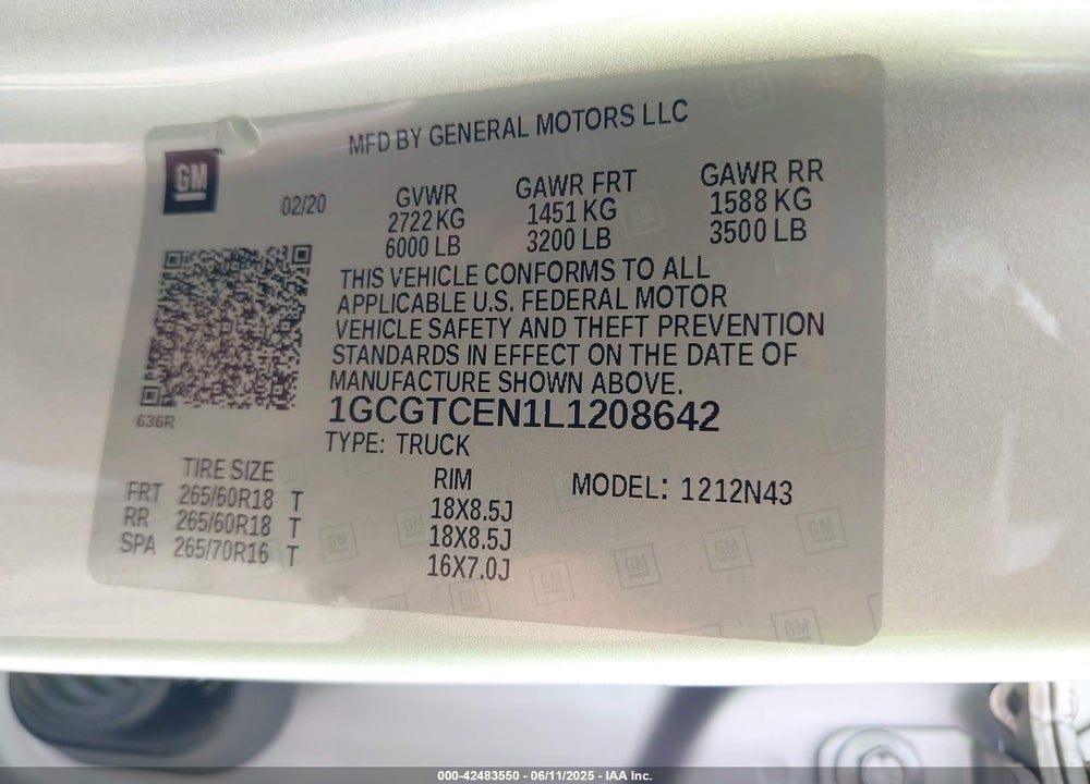 2020 CHEVROLET COLORADO 4WD SHORT BOX LT VIN: 1GCGTCEN1L1208642
