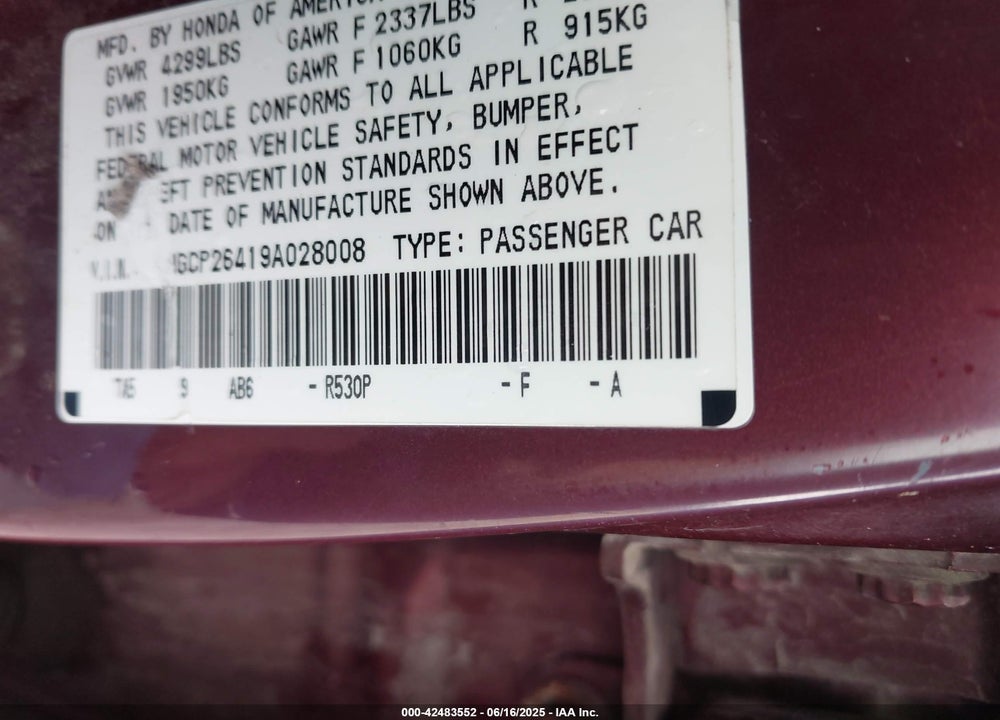 2009 HONDA ACCORD VIN: 1HGCP26419A028008