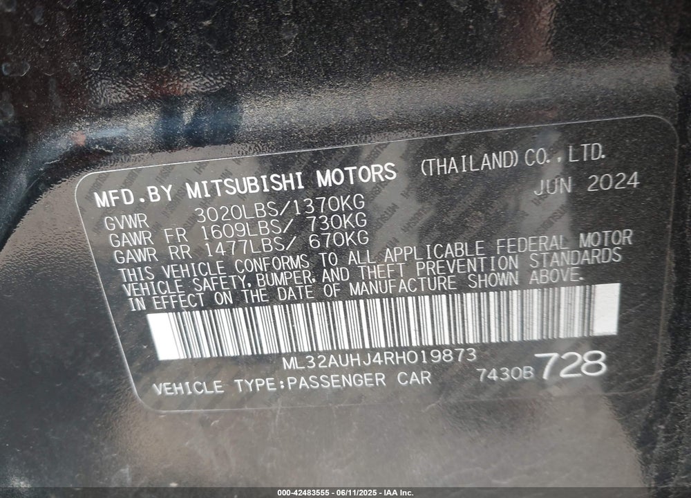 2024 MITSUBISHI MIRAGE ES/LE VIN: ML32AUHJ4RH019873