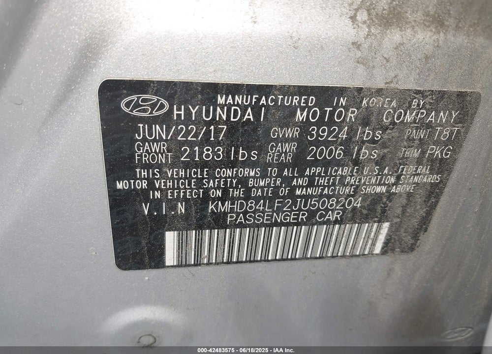2018 HYUNDAI ELANTRA VIN: KMHD84LF2JU508204