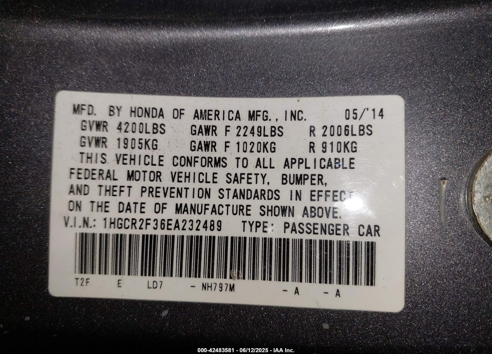 2014 HONDA ACCORD VIN: 1HGCR2F36EA232489