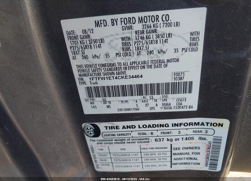 2012 FORD F-150 XLT VIN: 1FTFW1ET4CKE34464