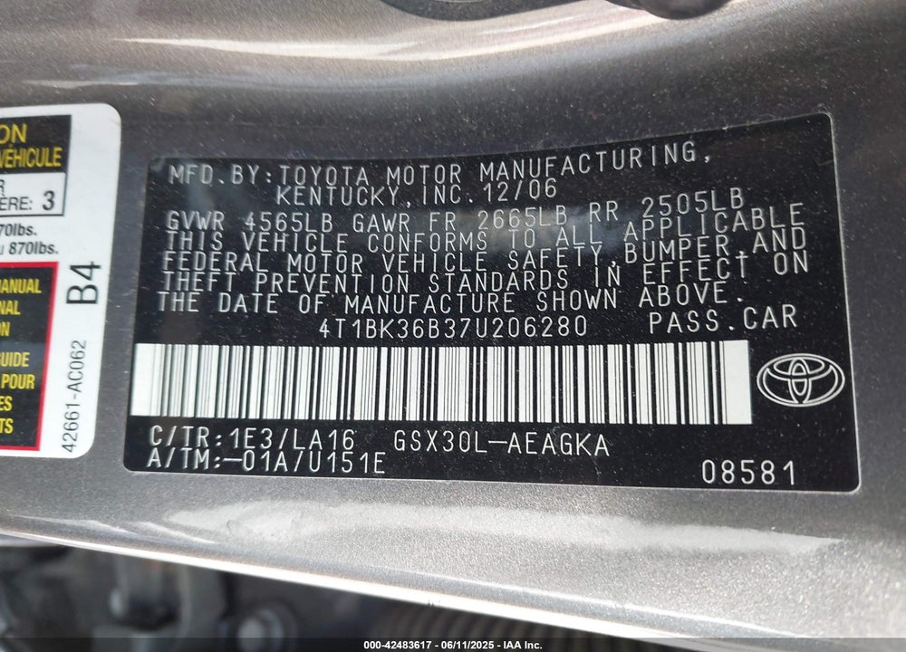 2007 TOYOTA AVALON VIN: 4T1BK36B37U206280