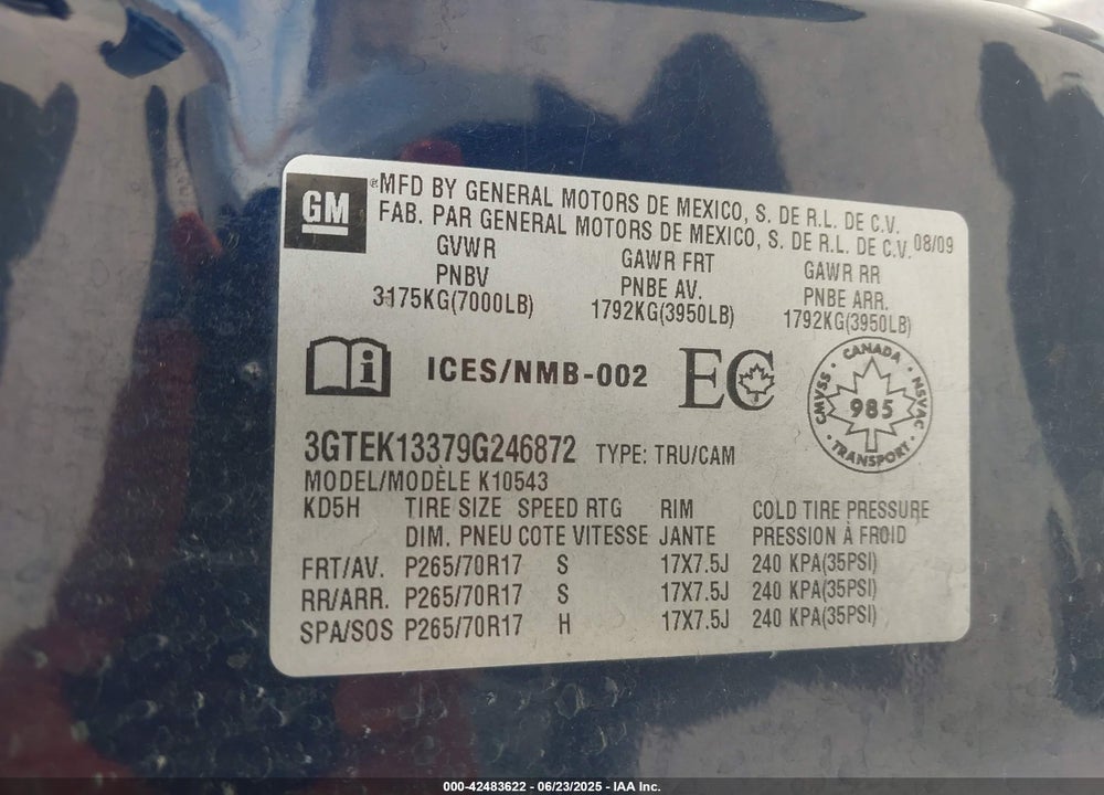 2009 GMC SIERRA 1500 WORK TRUCK VIN: 3GTEK13379G246872
