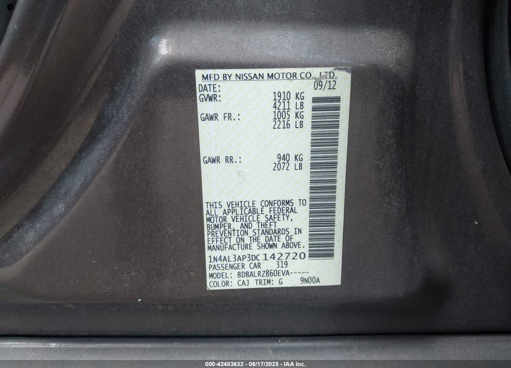 2013 NISSAN ALTIMA VIN: 1N4AL3AP3DC142720