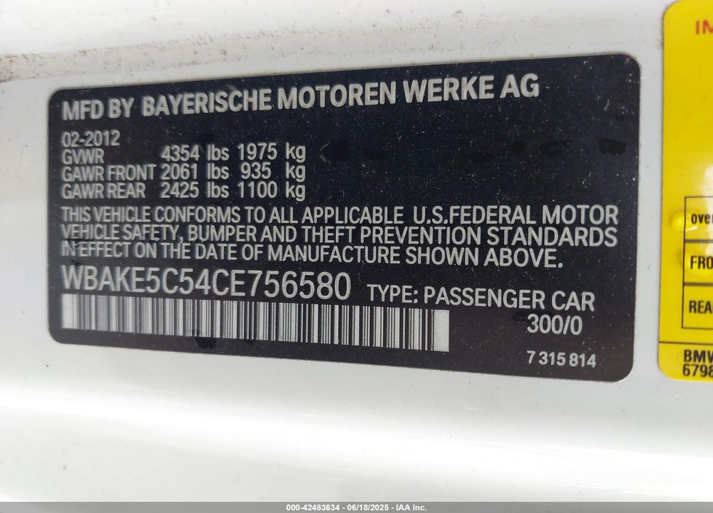 2012 BMW 3 SERIES VIN: WBAKE5C54CE756580