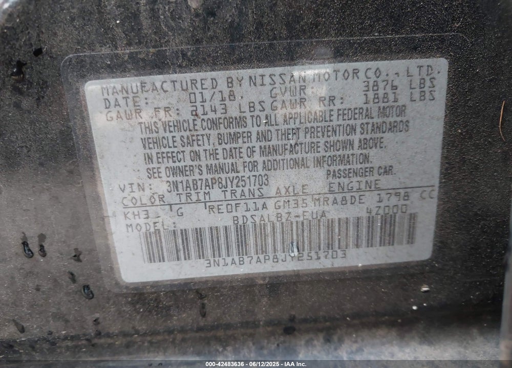 2018 NISSAN SENTRA S VIN: 3N1AB7AP8JY251703