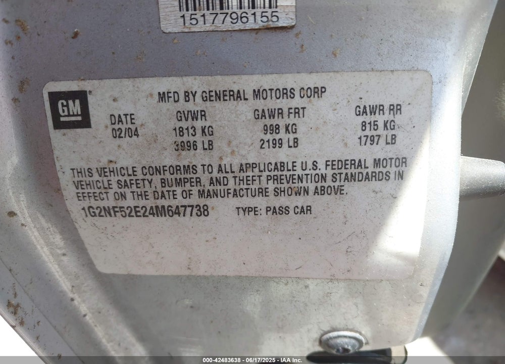 2004 PONTIAC GRAND AM SE1 VIN: 1G2NF52E24M647738