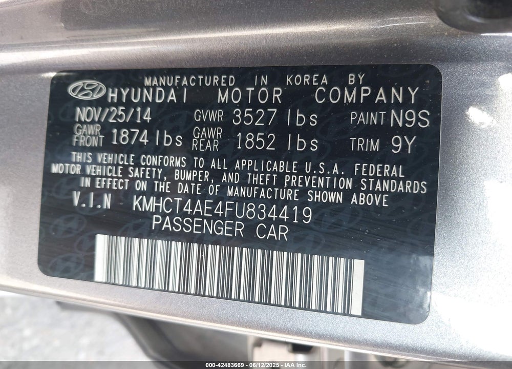 2015 HYUNDAI ACCENT VIN: KMHCT4AE4FU834419