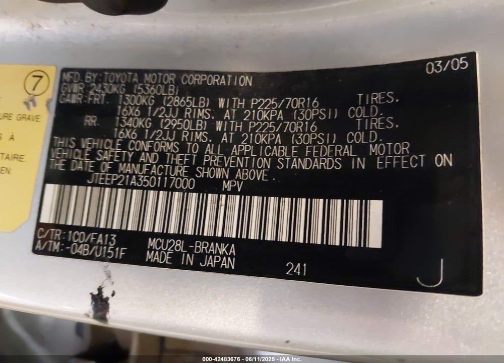 2005 TOYOTA HIGHLANDER V6 VIN: JTEEP21A350117000