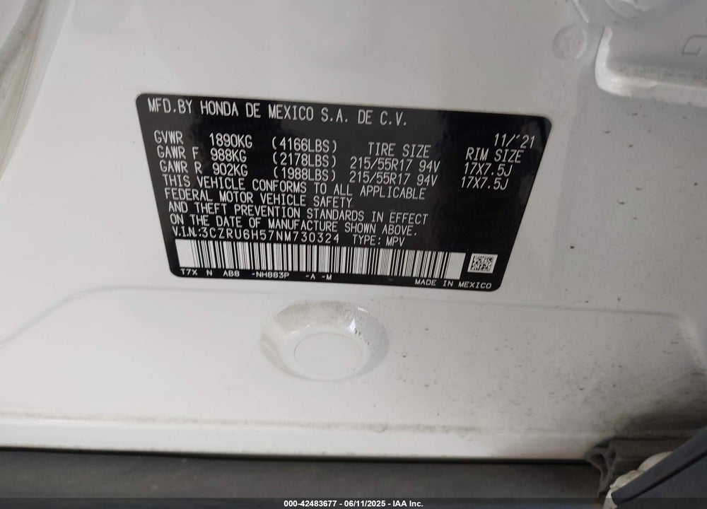 2022 HONDA HR-V AWD EX VIN: 3CZRU6H57NM730324